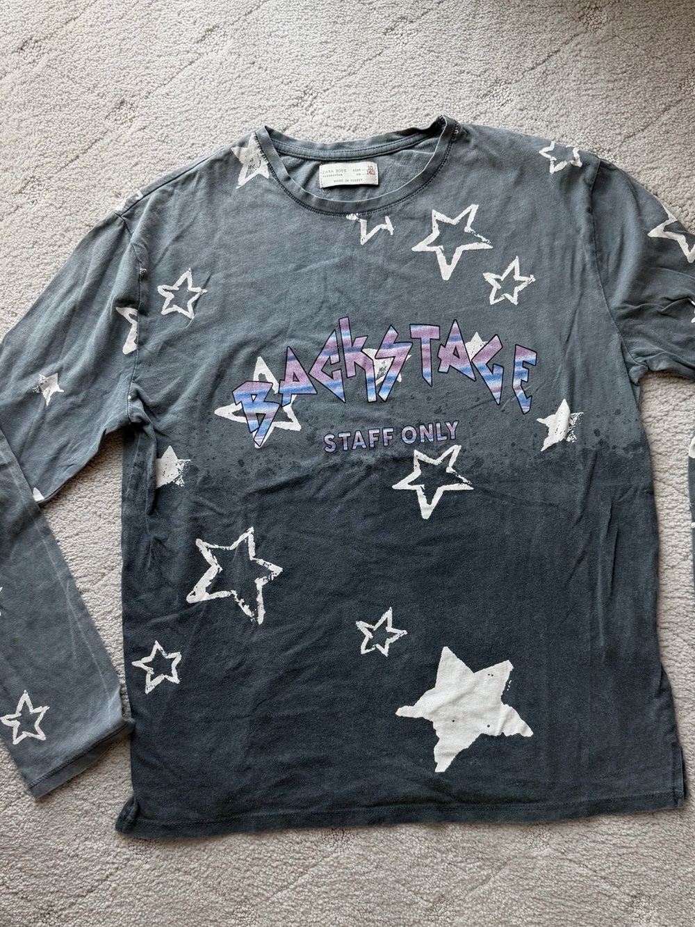 Zara boys Backstage 'Staff Only' Star Print Long Sleeve Tee - gray sz 10